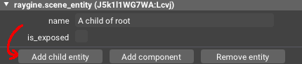Raygine entity object in the inspector with a few buttons